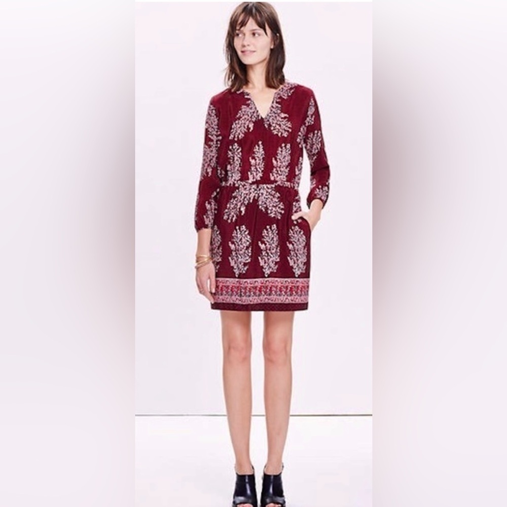 Madewell 3/4 Sleeve 100% Silk Lassi Flower Pop On Dress in Burgundy*